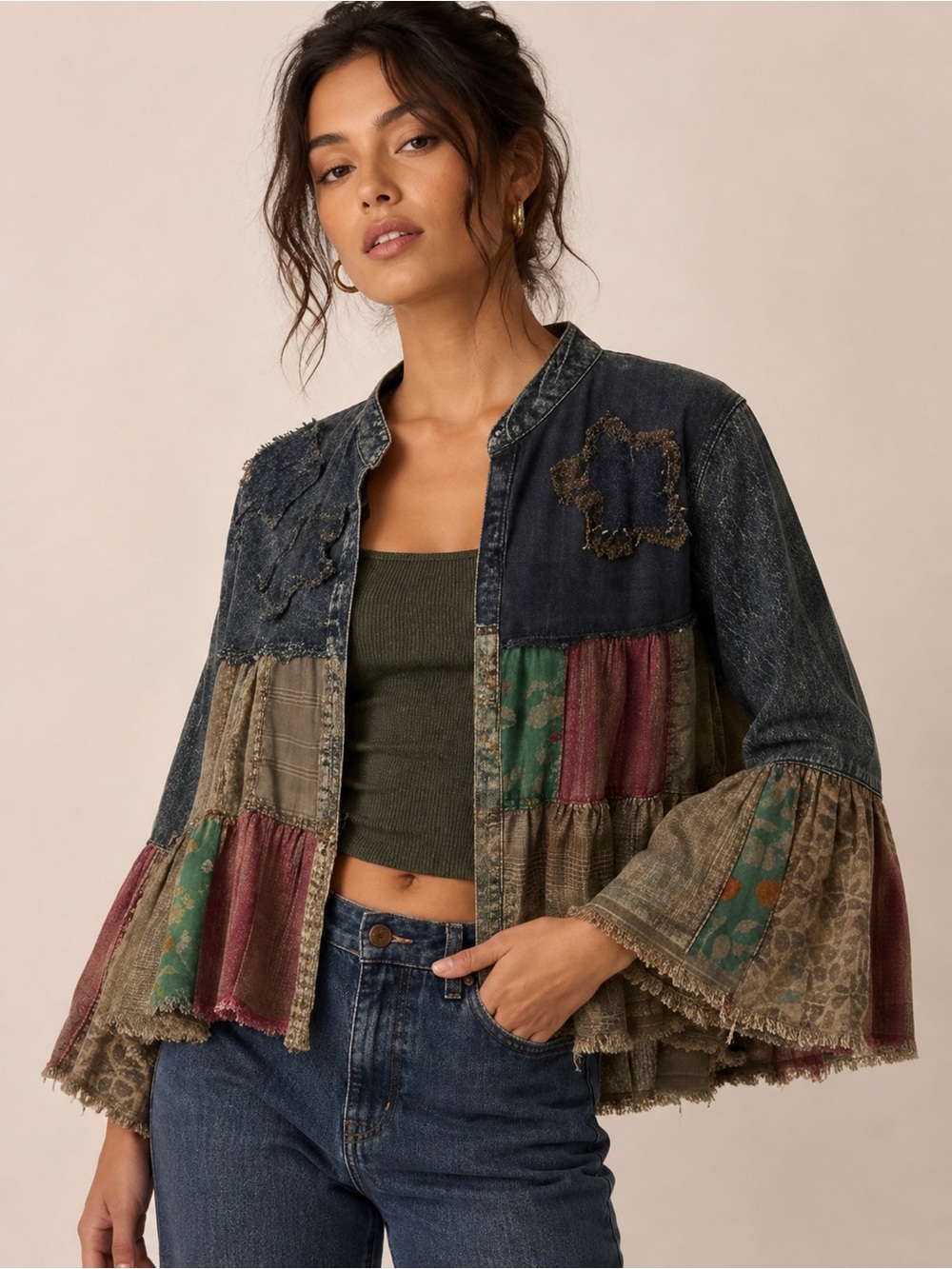 YOUNG THREADS Gravel Patchwork Textured Denim Jacket Boho Western Medium